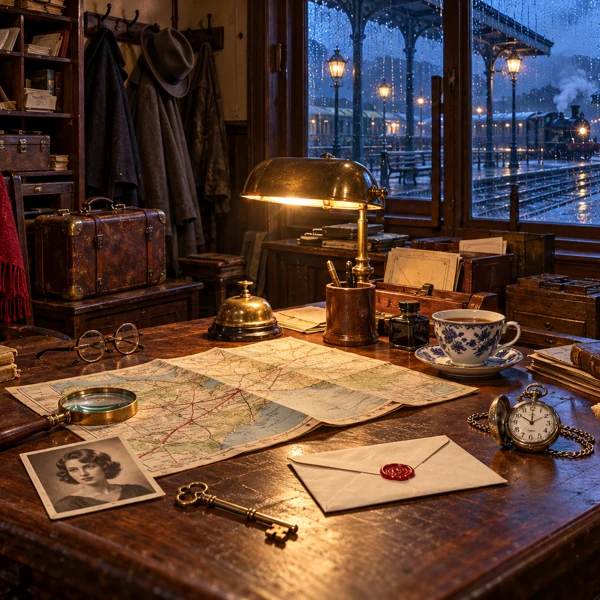 A photorealistic rain-soaked station archive