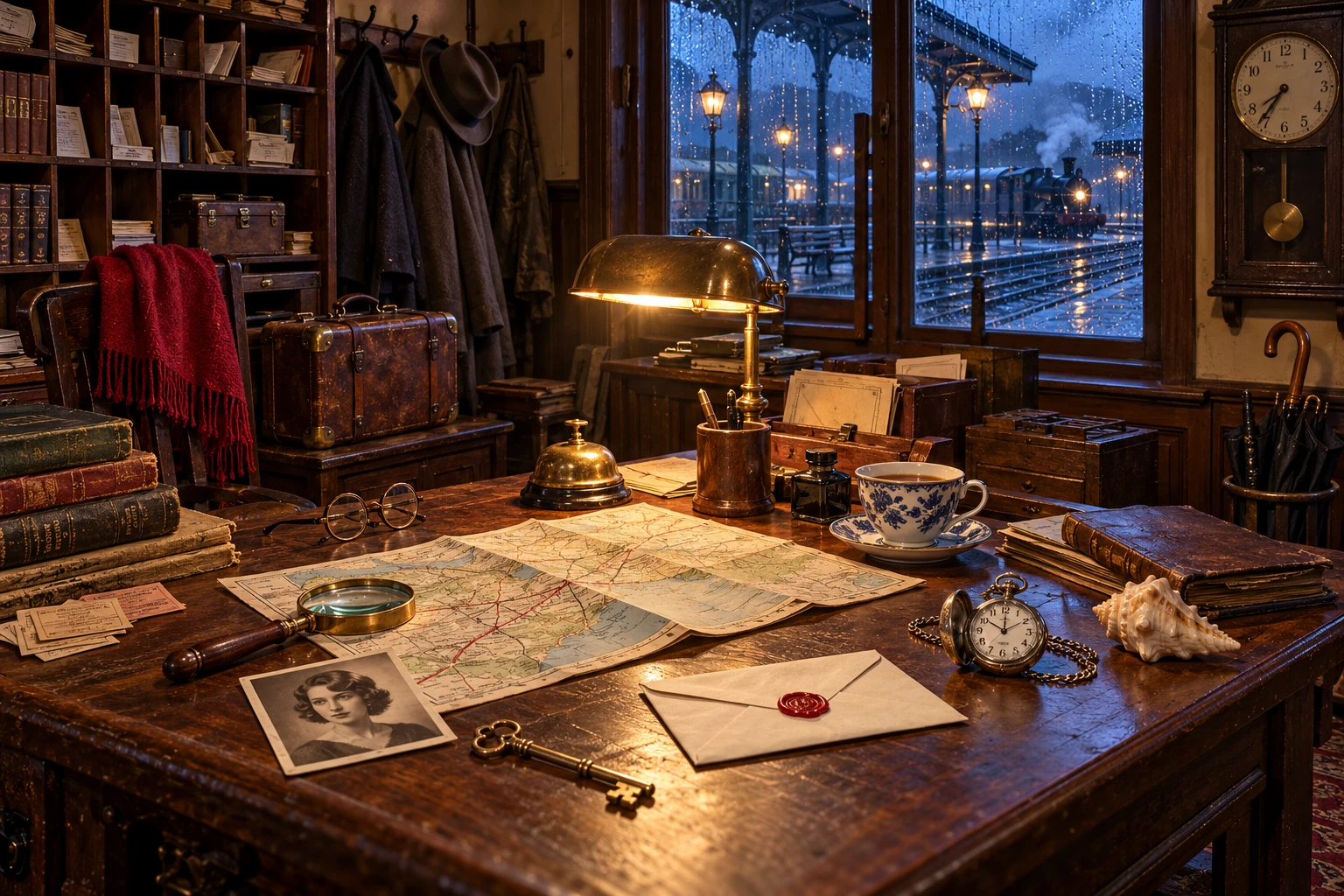 A warmly lit railway archive with rain at the windows and travel belongings on a wooden desk.
