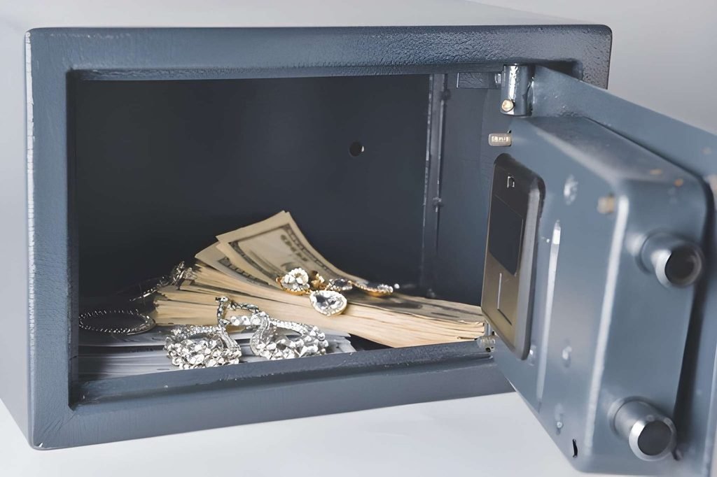 "Open safe deposit box showing cash and gold stored securely inside a bank vault"